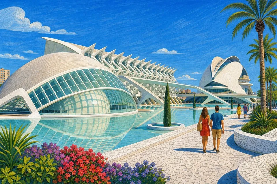 Edificios blancos de la Ciudad de las Artes y las Ciencias junto a estanques turquesa