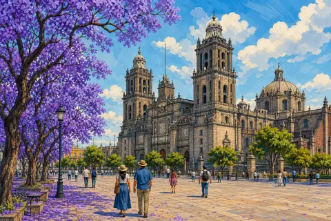 Catedral Metropolitana de Ciudad de México tras jacarandas con flores violetas