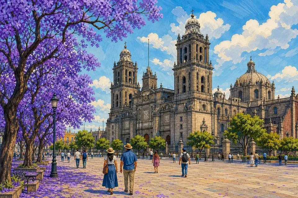 Catedral Metropolitana de Ciudad de México tras jacarandas con flores violetas