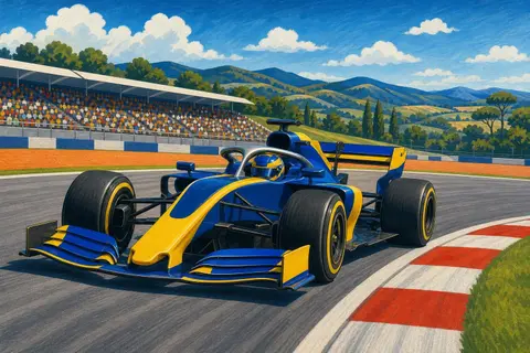 Monoplaza azul y amarillo tomando una curva junto a pianos rojos y blancos