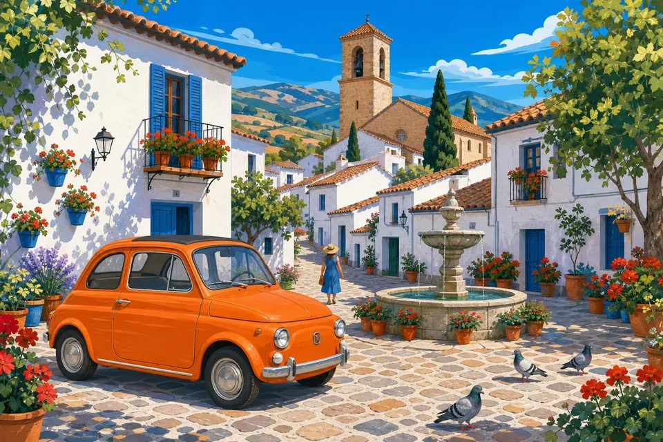 Utilitario clásico de color naranja aparcado en una plaza de pueblo con casas blancas y una fuente