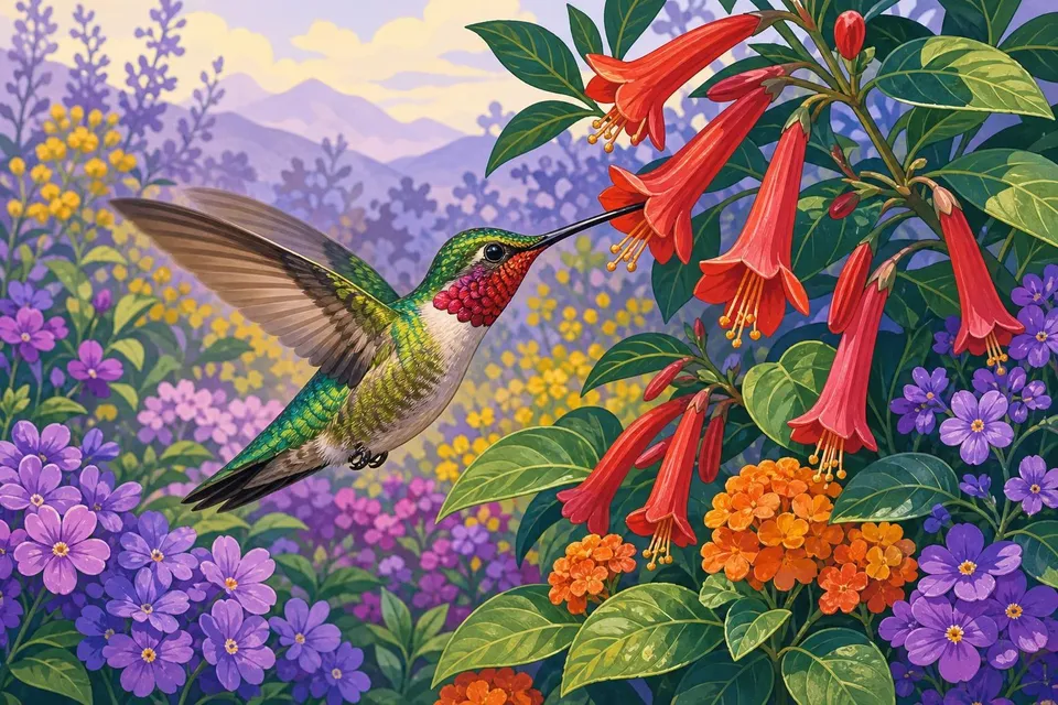 Colibrí verde con las alas en movimiento libando de una flor roja