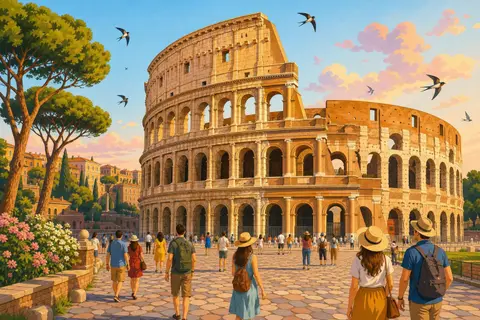 Coliseo de Roma al atardecer con tres filas de arcos y pinos piñoneros