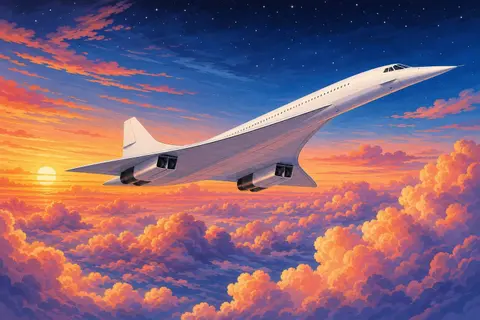 Avión supersónico blanco de ala delta volando sobre nubes al atardecer