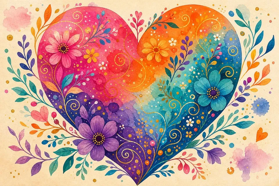 Corazón grande de acuarelas magenta, naranja y turquesa con flores y espirales sobre papel crema