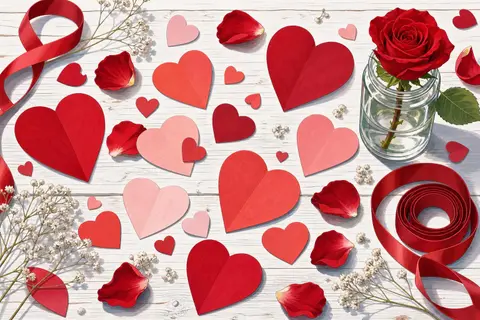 Corazones de papel rojos y rosas con pétalos de rosa sobre una mesa blanca