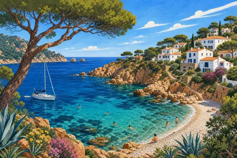 Cala de la Costa Brava con agua turquesa, rocas, pinos, casas blancas y un velero