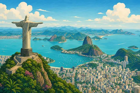 Estatua del Cristo Redentor con los brazos abiertos sobre la bahía de Río de Janeiro