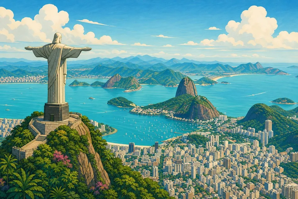 Estatua del Cristo Redentor con los brazos abiertos sobre la bahía de Río de Janeiro