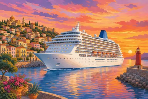 Crucero blanco iluminado saliendo de un puerto al atardecer junto a un faro rojo