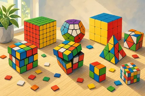 Varios cubos mágicos de colores, resueltos y mezclados, sobre una mesa de madera