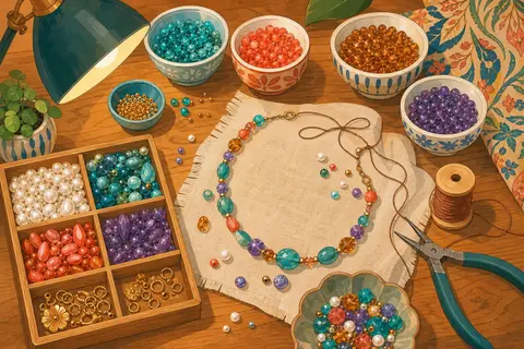 Mesa de taller con cuencos de cuentas de colores y un collar a medio hacer