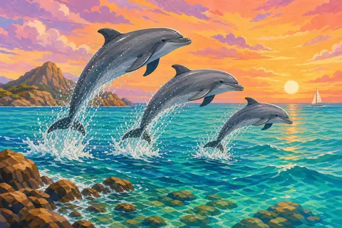 Tres delfines saltando en arco sobre un mar turquesa al atardecer