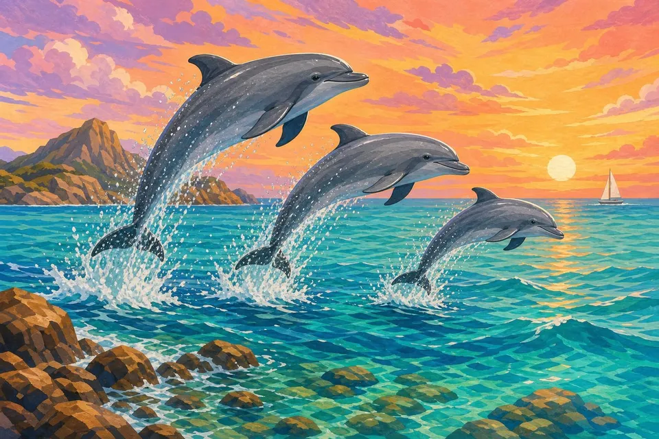 Tres delfines saltando en arco sobre un mar turquesa al atardecer