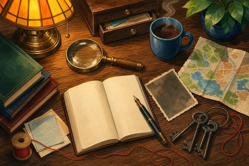 Mesa de detective con lupa, cuaderno en blanco, llaves, foto rota boca abajo y un mapa