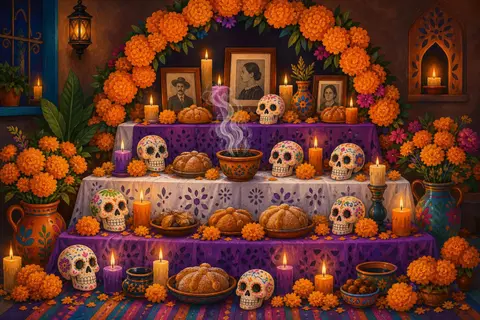 Altar de Día de Muertos con velas, flores de cempasúchil, pan de muerto y calaveritas