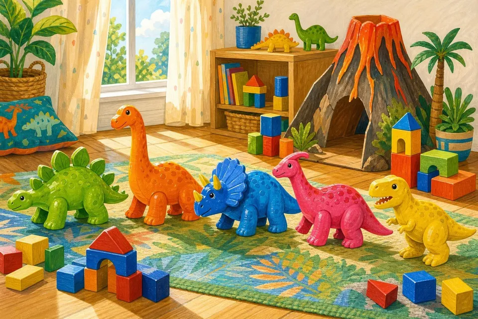 Dinosaurios de juguete verdes, naranjas, azules y rosas sobre una alfombra con bloques de colores