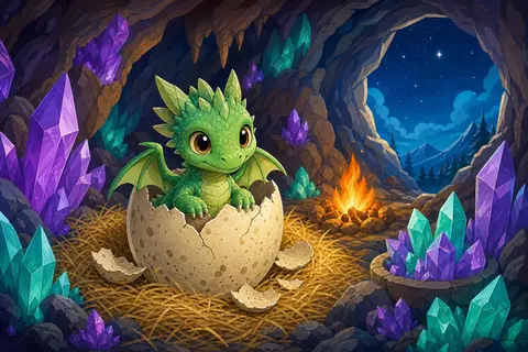 Dragón bebé verde saliendo de un huevo moteado en una cueva con cristales violetas y turquesas