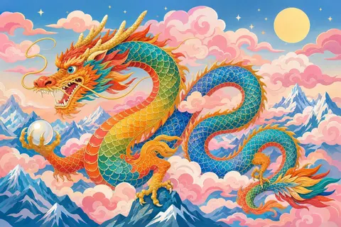 Dragón largo con escamas de arcoíris que serpentea entre nubes rosas sobre montañas azules y nevadas