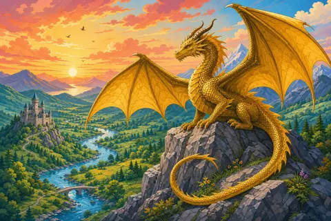 Dragón dorado con las alas abiertas sobre un risco y un castillo al fondo