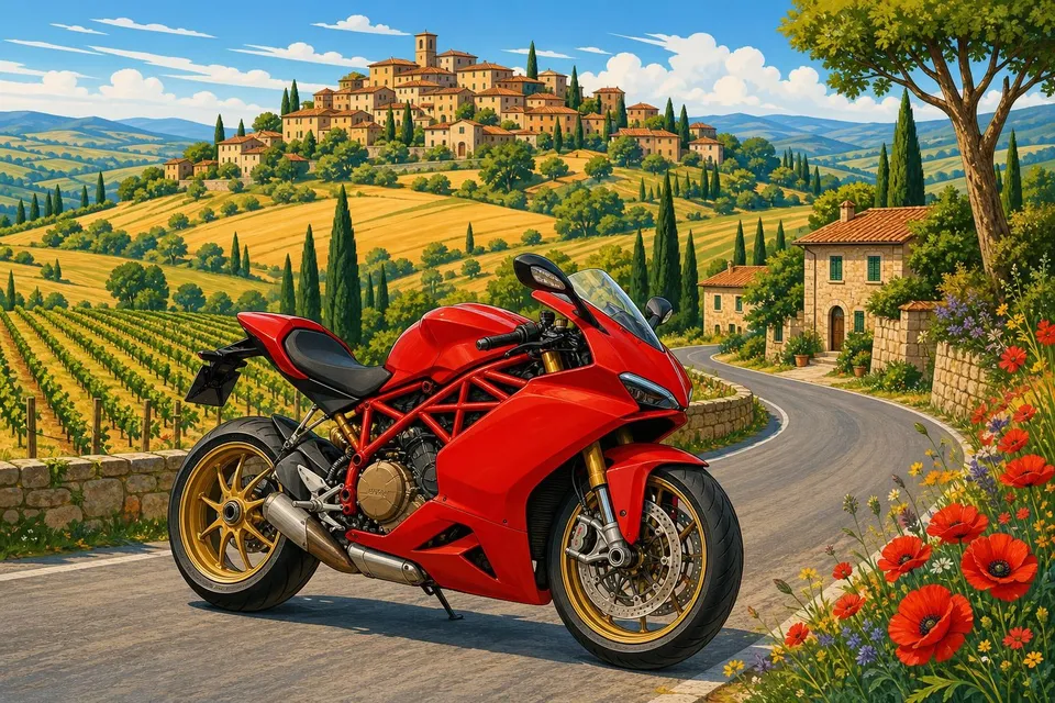 Moto deportiva roja en una carretera con curvas entre colinas y cipreses