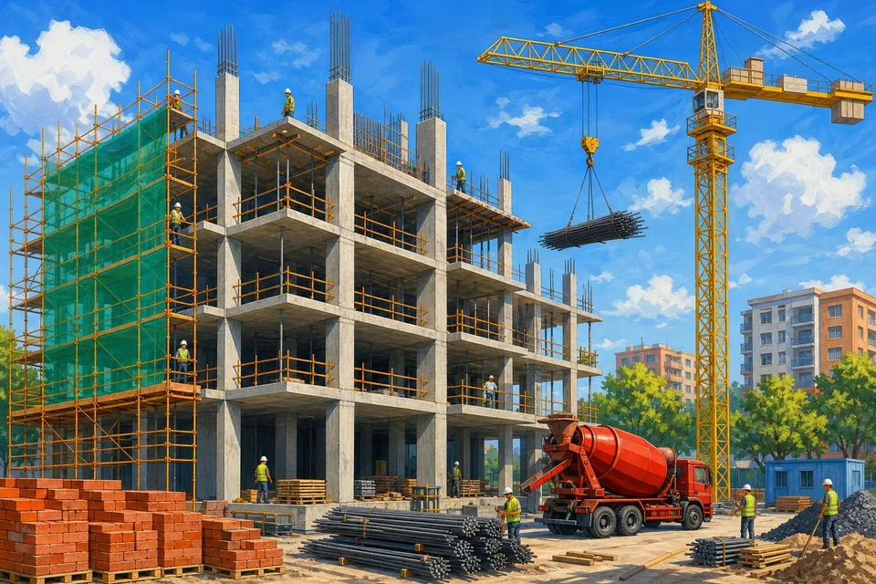 Edificio a medio construir con andamios naranjas y una grúa torre amarilla