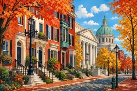 Calle de casas de ladrillo, edificio con columnas blancas y cúpula verde entre árboles de otoño