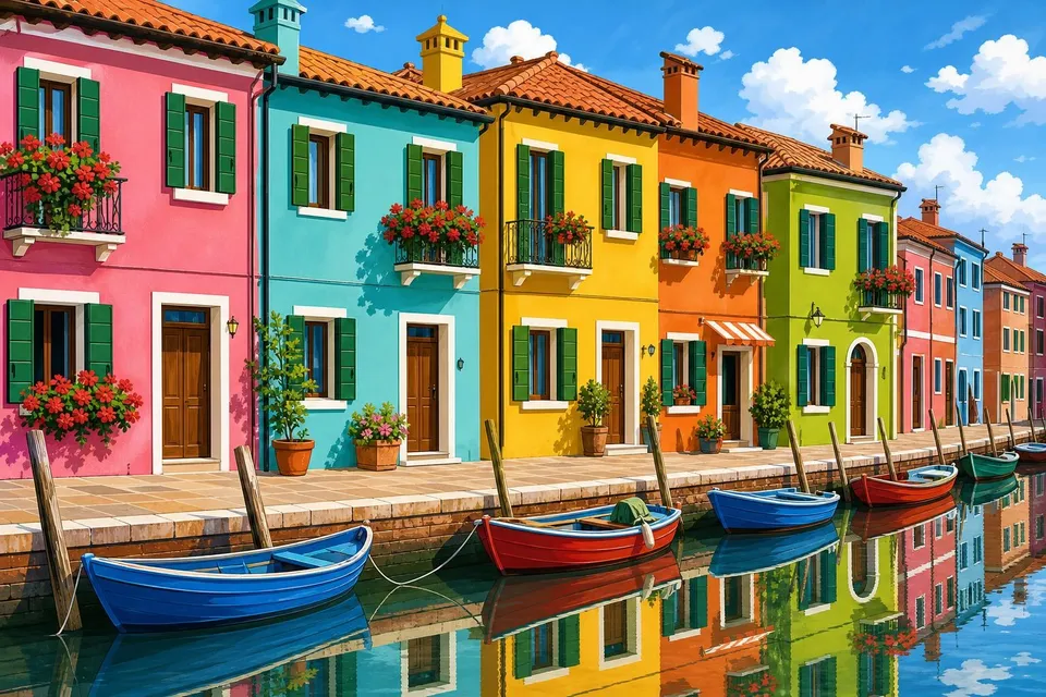 Casas pintadas de rosa, turquesa y amarillo junto a un canal con barcas y reflejos