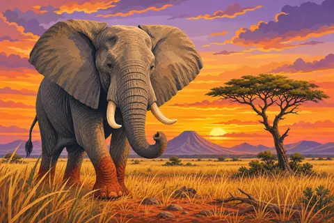 Elefante africano caminando por la sabana al atardecer junto a una acacia