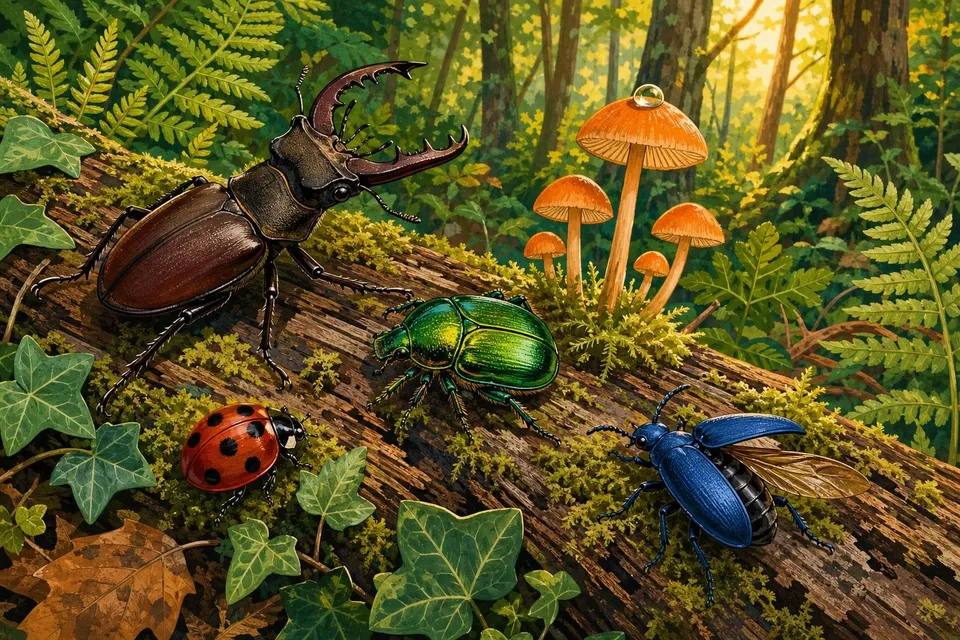 Cuatro escarabajos de colores sobre un tronco con musgo y setas naranjas