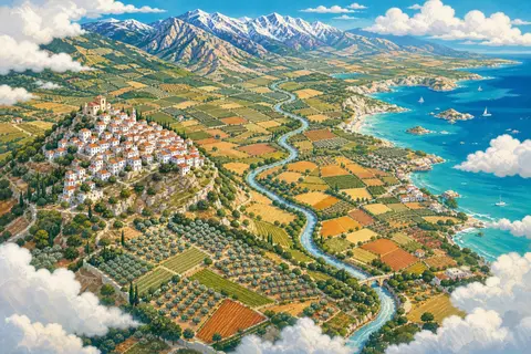 Vista aérea de campos de colores, un río, un pueblo blanco en una colina y una costa turquesa entre nubes