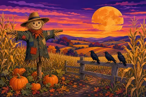 Espantapájaros con sombrero de paja en un campo de maíz al atardecer con calabazas, cuervos y una luna naranja