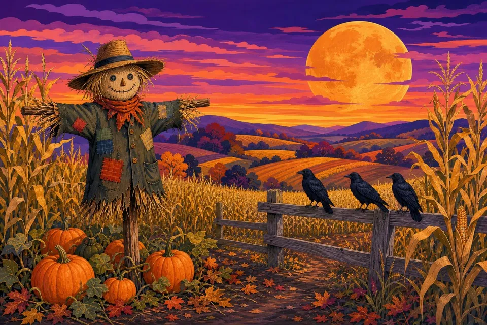 Espantapájaros con sombrero de paja en un campo de maíz al atardecer con calabazas, cuervos y una luna naranja