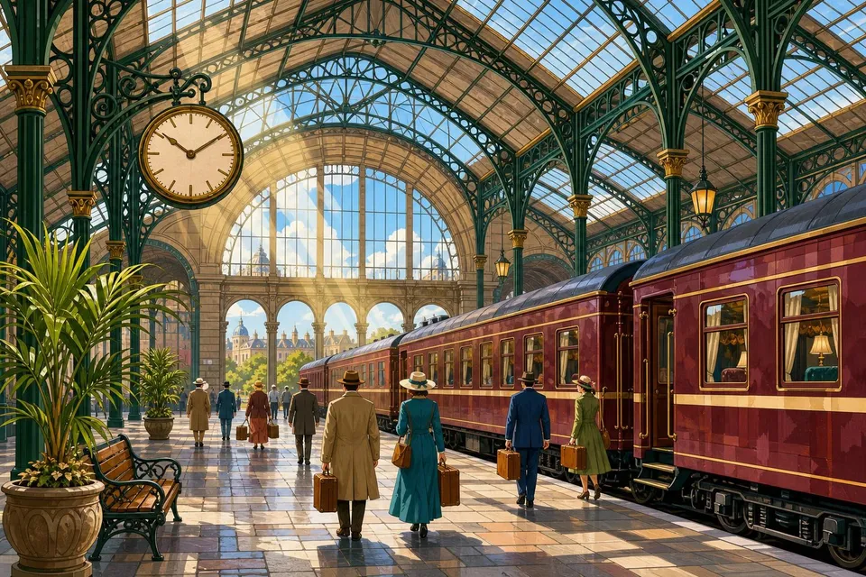Estación antigua con bóveda de hierro y cristal, columnas verdes y un tren granate