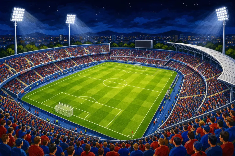 Estadio de fútbol de noche con focos encendidos, césped verde brillante y gradas llenas de espectadores