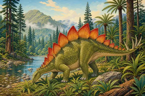 Estegosaurio con placas anaranjadas comiendo helechos junto a un río y un bosque