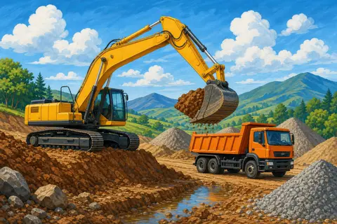 Excavadora amarilla con el cazo lleno de tierra junto a un volquete naranja en una obra