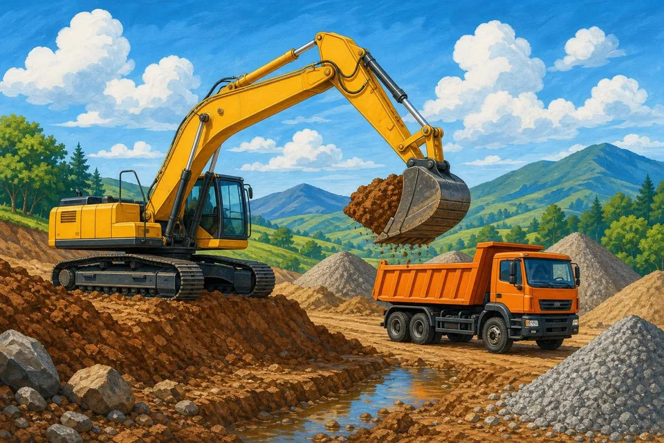 Excavadora amarilla con el cazo lleno de tierra junto a un volquete naranja en una obra
