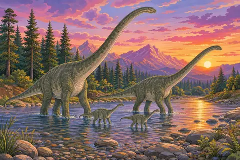 Familia de diplodocus cruzando un río al atardecer con coníferas y cielo rosado
