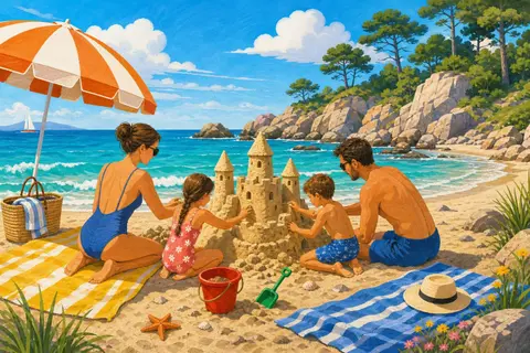 Familia construyendo un castillo de arena bajo una sombrilla de rayas junto al mar