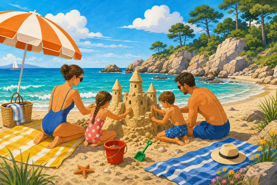 Familia construyendo un castillo de arena bajo una sombrilla de rayas junto al mar