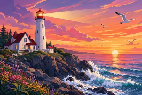 Faro blanco con linterna roja sobre acantilados al atardecer con cielo naranja y olas