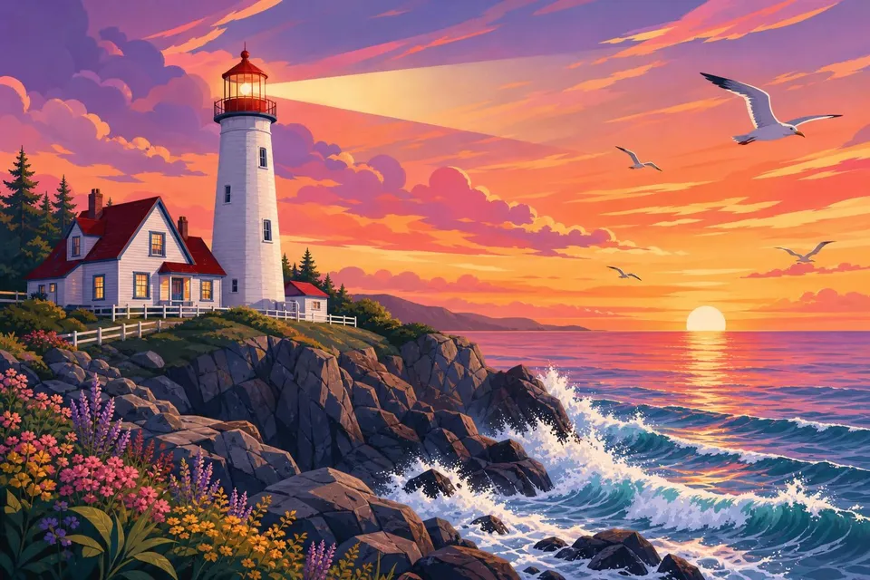 Faro blanco con linterna roja sobre acantilados al atardecer con cielo naranja y olas