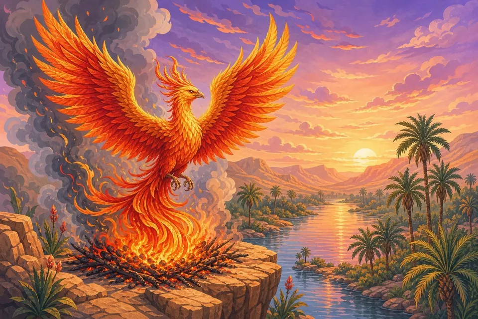 Ave fénix de plumas doradas y rojas alzándose sobre un nido de brasas al amanecer