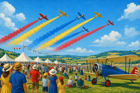 Avionetas acrobáticas con estelas de humo de colores sobre un campo con público y toldos blancos