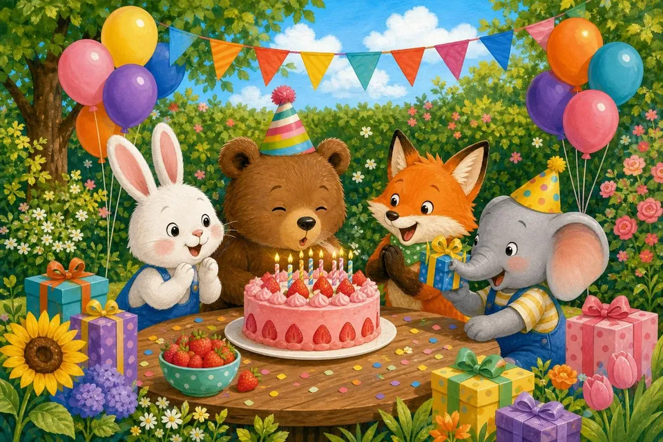 Osito soplando las velas de una tarta rodeado de animales, globos y regalos