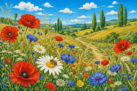 Prado con amapolas rojas, acianos azules y margaritas junto a un camino de tierra