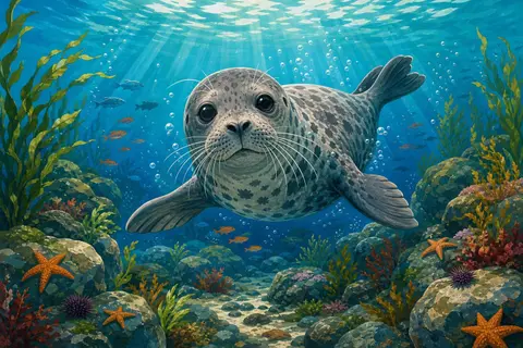 Foca gris con manchas nadando bajo el agua turquesa con burbujas y algas