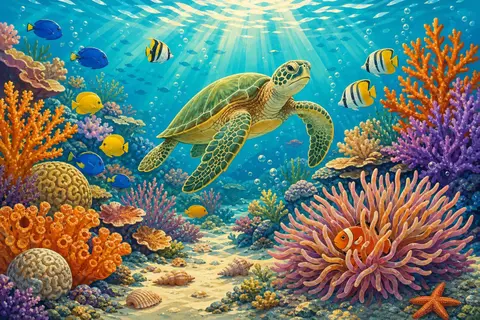 Arrecife de coral con tortuga verde, peces tropicales y rayos de sol bajo el agua