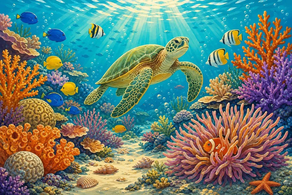 Arrecife de coral con tortuga verde, peces tropicales y rayos de sol bajo el agua